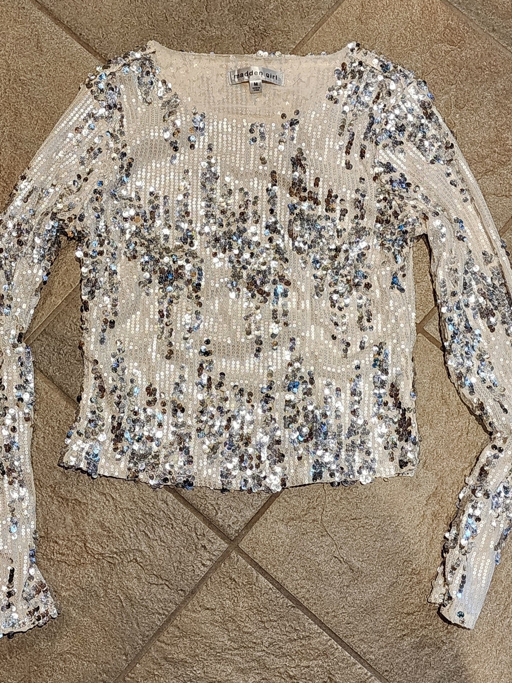Madden Girl Cream Sequin Long Sleeve Top with Silver Accents